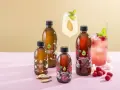 Kombucha co to? Butelki z napojem, malinowo-hibiskusowa i imbirowa, obok drinków z malinami i imbirem.