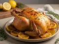 Pollo arrosto dorato con spicchi di limone e timo. Un piatto invitante, perfetto per gustare dei succulenti bocconcini di pollo al limone.