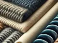 Superposition de textures douces : lainages torsadés, velours côtelé bleu, et matière plaid douce et chaude.