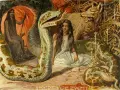 A young woman sits between a giant serpent and a wolf, a scene from Norse mythology depicting Loki's children.