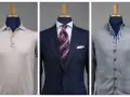 Trzy stylizacje męskie: beżowy polo, granatowy garnitur z krawatem i szary kardigan. Idealne propozycje, jak się ubrać do sądu, by wyglądać profesjonalnie.