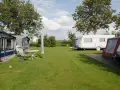 Urokliwe kempingi w Polsce: przyczepy kempingowe i namioty na zielonej trawie, pod drzewami, z widokiem na spokojną okolicę.