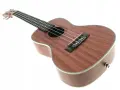 Brązowe drewno na gitarę ukulele, z widocznym mostkiem i strunami.