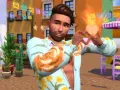 Sympatyczny Sim z gry **Woohoo Sims 4** tworzy serce z dłoni, emanując miłością i radością na tle kolorowej uliczki.