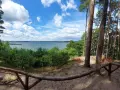 Piękny widok na jezioro z piaszczystego wzgórza otoczonego sosnami. Idealne miejsce na odpoczynek po przejażdżce po **charzykowych trasach rowerowych**.