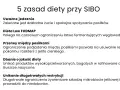 5 zasad diety przy SIBO: uważne jedzenie, dieta Low FODMAP, przerwy między posiłkami, dbanie o jakość diety, unikanie długotrwałych restrykcji.