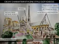 Akwarelowa katedra z licznymi pinaklami, wielkimi oknami i ostrymi łukami, ilustrująca cechy stylu gotyckiego.