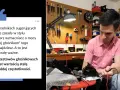 Mężczyzna z kotem przy biurku z narzędziami. Tekst o doborze wzmacniacza do głośników i mocy RMS.
