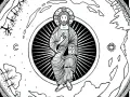 Illustration of Christ in a halo, holding a book, reminiscent of a divine office hymnal, surrounded by celestial and earthly elements.