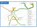 Mapa Krakowa z zaznaczonymi liniami tramwajowymi, w tym linia c łącząca Cmentarz Rakowicki z Bronowicami Małymi.