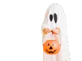 Barn i spökdräkt med pumpahink, en klassisk idé för halloween.