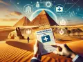 Ubezpieczenie turystyczne Egipt: Piaskowe wydmy, piramidy i Sfinks. W rękach dokument "Travel Insurance" z symbolem apteczki. W tle helikopter i ikony medyczne.