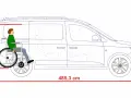 Schematyczny rysunek przedstawia caddy z osobą na wózku inwalidzkim. Wymiary: 485,3 cm długości, 145 cm wysokości.