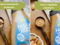 Dwie łyżki z pastą orzechową: z nerkowców i migdałów, obok butelek z pastami.