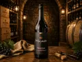Butelka wina Primitivo Puglia na drewnianym stole, w tle piwniczka z winami, beczka i winogrona.
