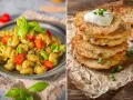 Dwa szybkie dania: makaron z pesto i pomidorkami oraz stos placków ziemniaczanych ze śmietaną.