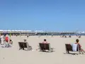 Ludzie odpoczywają na plaży, ciesząc się słońcem i widokiem na molo. To idealne miejsce na polską riwierę.