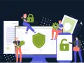 Personas trabajando en equipo para proteger datos. Representa que es la ciberseguridad, con candados, escudos y llaves.
