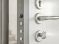 Parti di una serratura di sicurezza: maniglia, cilindro e chiavistelli.