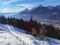 Schneebedeckte Berge über Innsbruck im Winter. Eine Spur führt durch den Schnee bergab, vorbei an dunklen Tannen.