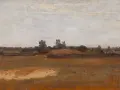 Chełmoński obrazy wsi: sielski krajobraz z chatami krytymi strzechą, polami i drzewami pod pochmurnym niebem.