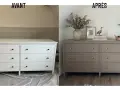 Avant/Après : une commode blanche transformée par une peinture meuble ancien, rehaussée de poignées dorées et décorée avec élégance.