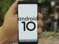 Dłoń trzyma smartfon z logo android 10 na ekranie.