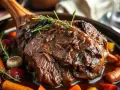 Un généreux jarret de boeuf braisé, nappé d'une sauce riche, servi avec des carottes et des herbes aromatiques.