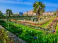 Kwiatowe rabaty i palmy w ogrodach Kensington Palace, Londyn.