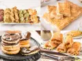 Collage de varios postres y bocadillos salados de hojaldre, incluyendo palmeritas de chocolate y rollitos rellenos.