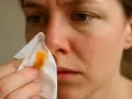 Kobieta z pomarańczową wydzieliną z nosa na chusteczce.
