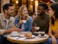 Amigos riendo y tomando café en una terraza. Uno dice "hola en francés" mientras comparten un croissant.