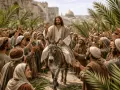 Jesus reitet auf einem Esel in Jerusalem ein, umgeben von jubelnden Menschen mit Palmzweigen. Ein Moment des christlichen Ostern.