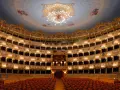 Interno sfarzoso del teatro La Fenice a Venezia, con palchi dorati, affreschi sul soffitto e un lampadario scintillante.