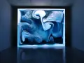 Une oeuvre d'art numérique captivante, aux formes bleutées et texturées, évoquant un nuage ou une vague figée dans un cube lumineux.