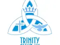A blue and white emblem symbolizing the solemnity of the Most Holy Trinity, featuring a triquetra, a cross, a dove, and a crown.