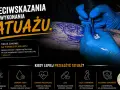 Rękawiczki ochronne wykonują tatuaż. Grafika ostrzega przed przeciwwskazaniami, w tym gorączką, by uniknąć powikłań.