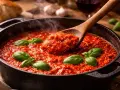 Une cuillère en bois sert une généreuse portion de sauce tomate maison fumante, garnie de basilic frais.