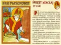 Ilustracja z baśni o św. Mikołaju: biskup z laską i workiem pełnym chleba, który obdarowuje potrzebujących.