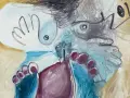 Fakta om Picasso: En målning med en abstrakt figur, med framträdande fötter och en hand.