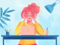 Ragazza con capelli rosa e occhiali, mani sulle tempie, davanti a un laptop. Sembra esausta, uno dei tanti sintomi di lavorare troppo.