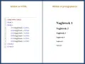 Kod HTML z nagłówkami od h1 do h6 i ich widok w przeglądarce.