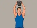 Man i blått linne lyfter en kettlebell över huvudet, en del av en kettlebell snatch-rörelse.