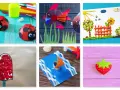 Manualidades de verano: mariquitas de cartulina, peces de CD, paisaje de plastilina, helado, barco y fresa.