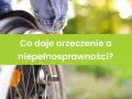 Osoba na wózku inwalidzkim. Zielony prostokąt z napisem "Co daje orzeczenie o niepełnosprawności?".