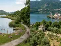 Splendido **lago di Endine** con persone che si rilassano e nuotano. A destra, un'isola con un borgo pittoresco e una chiesetta.