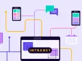 Ein Tablet zeigt "INTRANET". Smartphones, Dokumente, Chatblasen und ein Kalender sind verbunden.