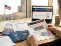 Przygotowanie do rozmowy o wizę do USA: paszporty, formularz DS-160 i kalendarz z zaznaczoną datą.