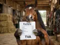 Un cheval tient une facture avec la mention "TVA". Il semble s'interroger sur la réglementation pension pour chevaux.