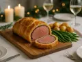 Un magnifique filet mignon en croûte, prêt à être dégusté, accompagné de pommes de terre rôties et de haricots verts. L'ambiance est festive avec des bougies et des lumières scintillantes.
